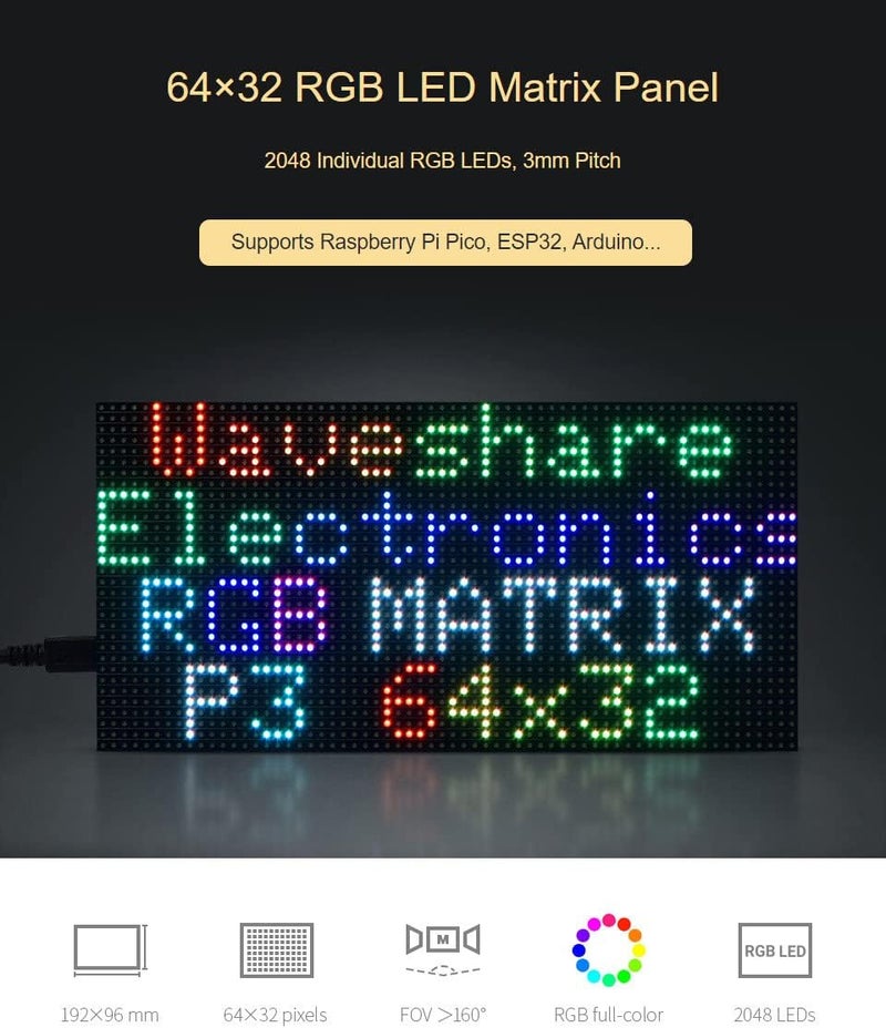 Waveshare RGB Full-Color LED Matrix Panel 64×32 Pixels Display Screen 2048 Individual LEDs 3mm Pitch Compatible with Raspberry Pi 5/4B/3B/Zero/Zero W/Zero 2W/Pico/Pico W/Pico WH, ESP32 - Image 3